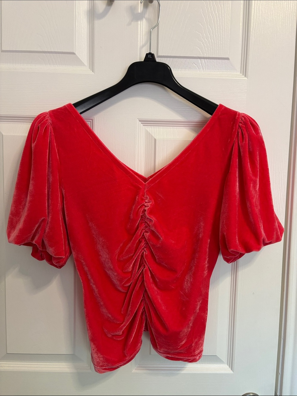 Ruched V-Neck Velvet Puff Sleeve Blouse - Hot Pink size L